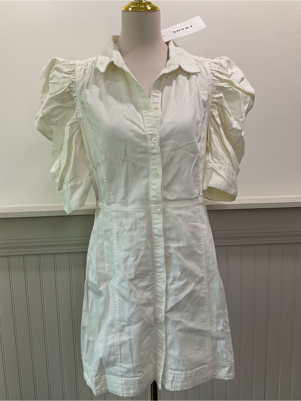 FRAME Gillian Puff Sleeve Shirt Dress Ecru White Cotton NWT Large